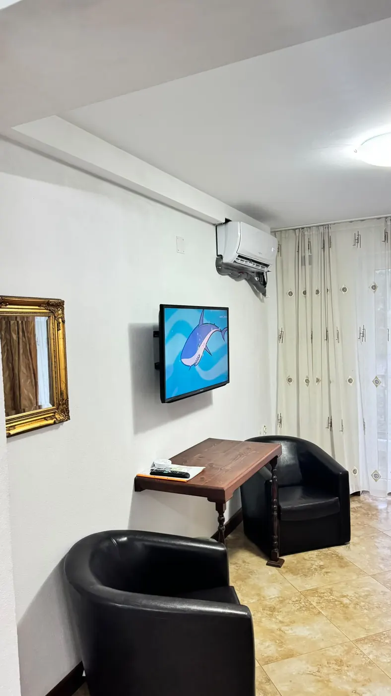 Zonă de living în cameră, cu televizor și fotolii